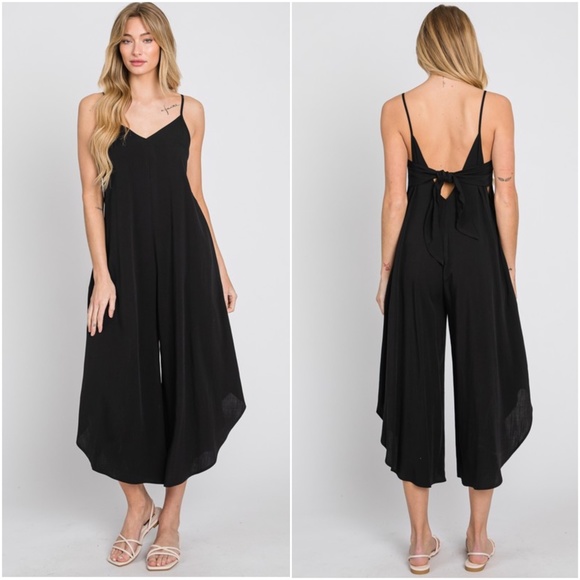 063 Solid Back Tie Cut out Wide Leg Cami Jumpsuit - Picture 5 of 5